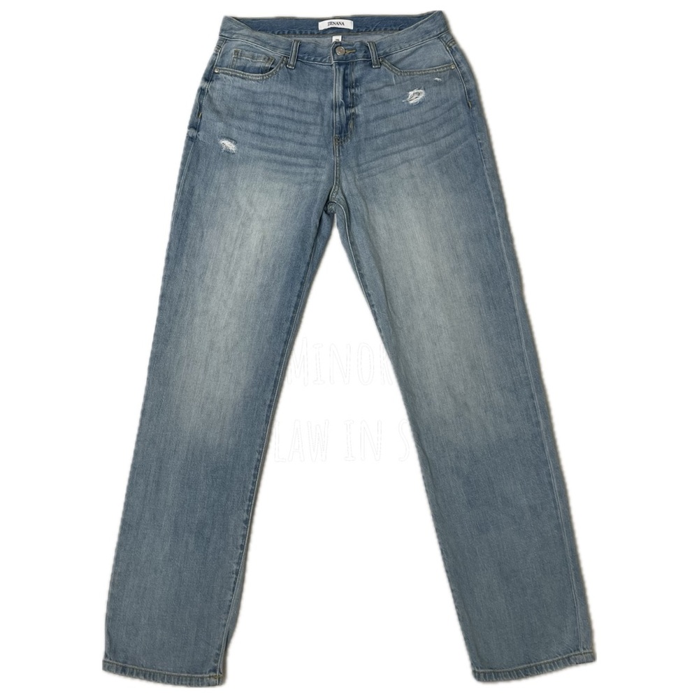 Zenana Jeans Women’s Straight Leg Distressed Light Wash Blue Denim 29
